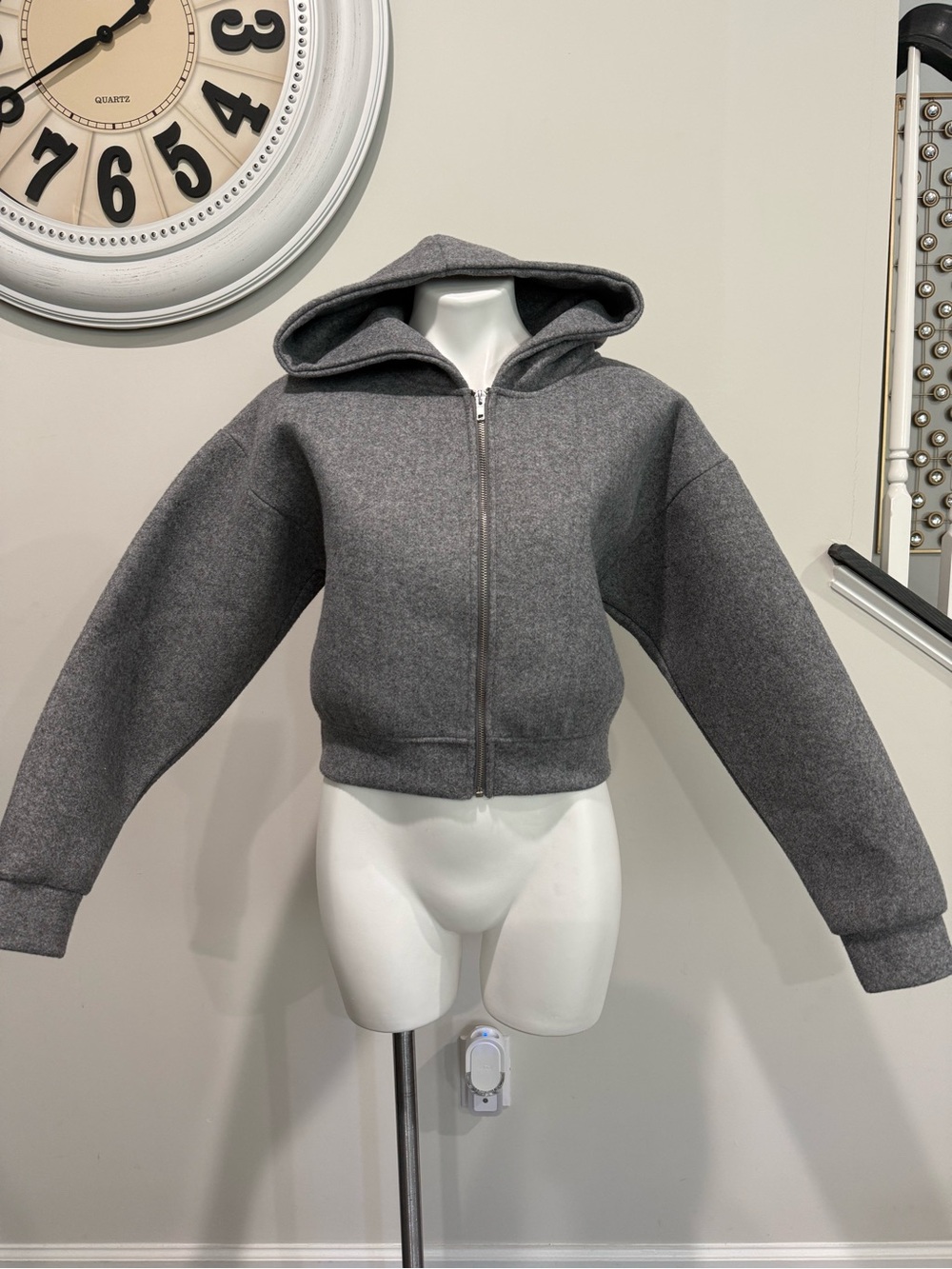 Zara Neoprene Effect Hooded Bomber Cropped Womens Grey Jacket Small